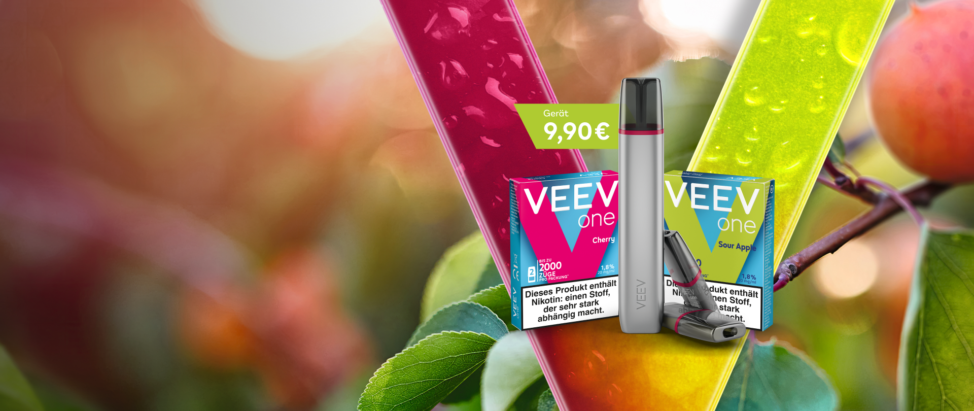 VEEV ONE Gerät für 9,90 € mit den neuen Flavours Cherry und Sour Apple kostenlos für Neukunden